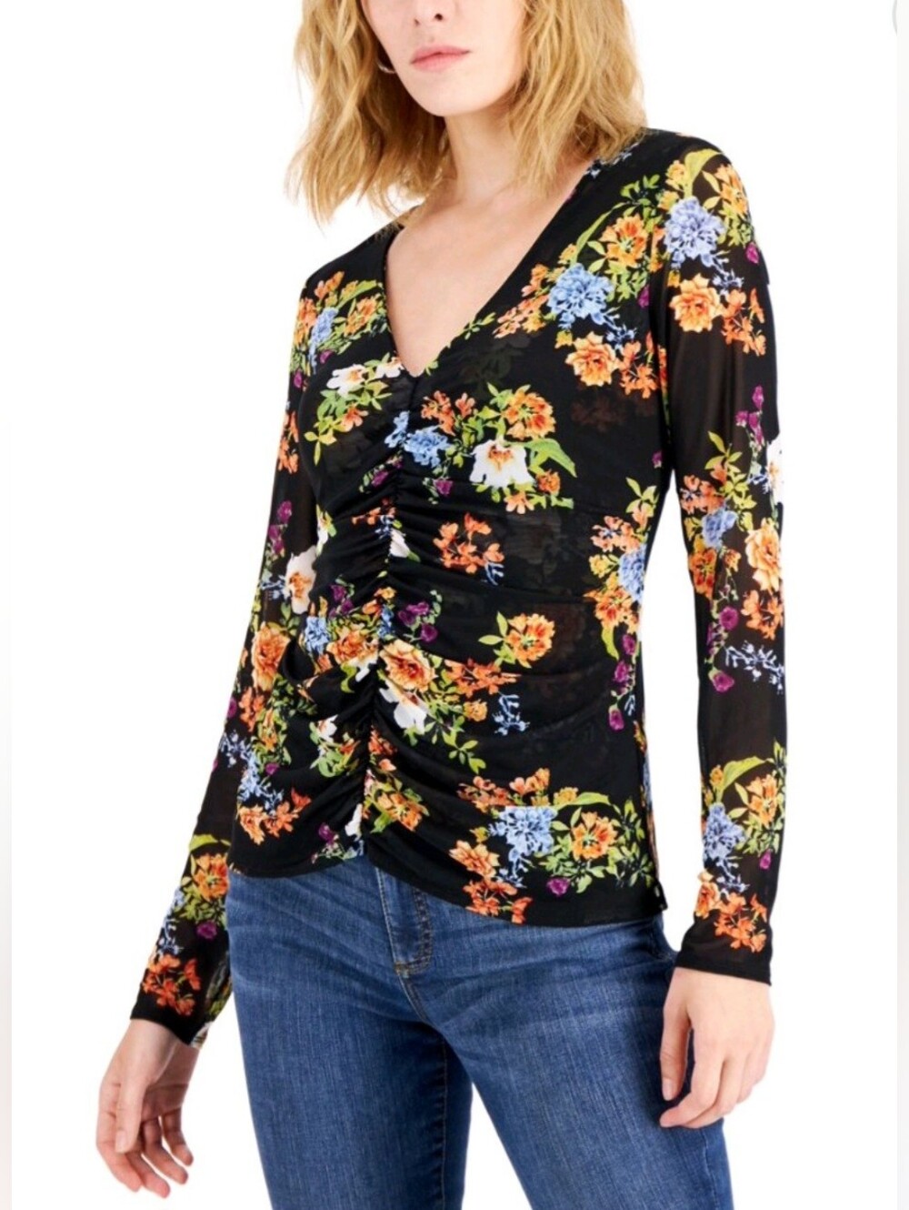 Floral Ruched V-Neck Long Sleeve Top - Black